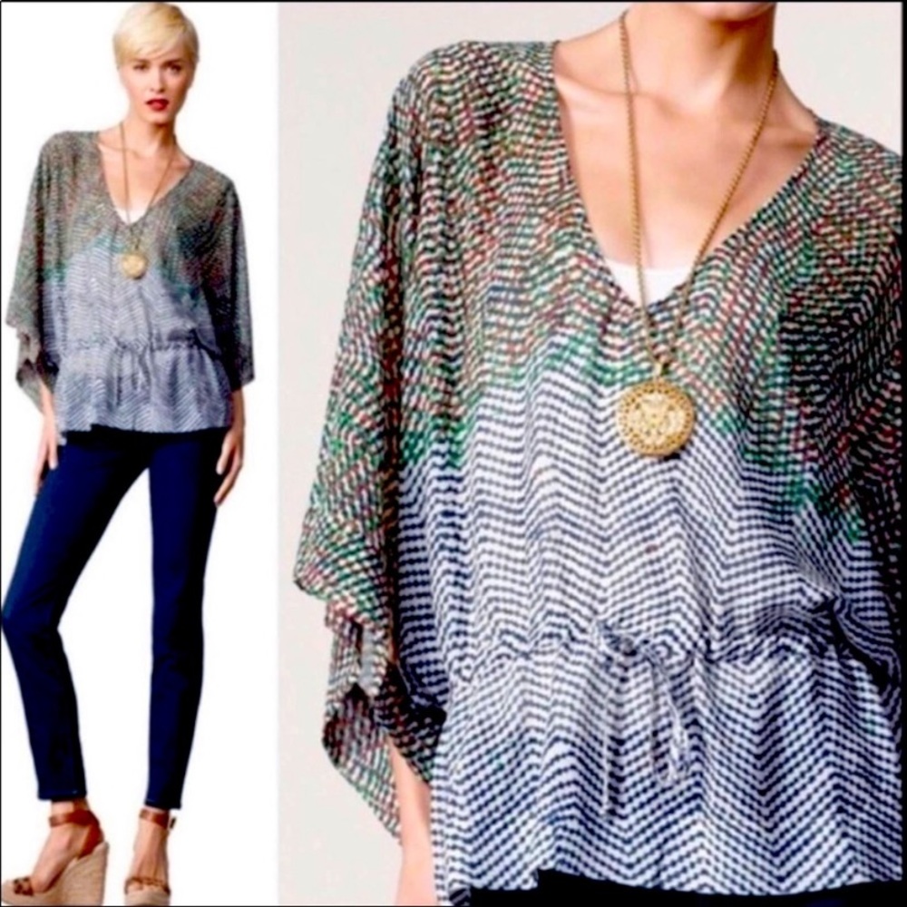 CAbi Arts tunic top w/ dolman sleeve & geometric print, elastic waist style #731